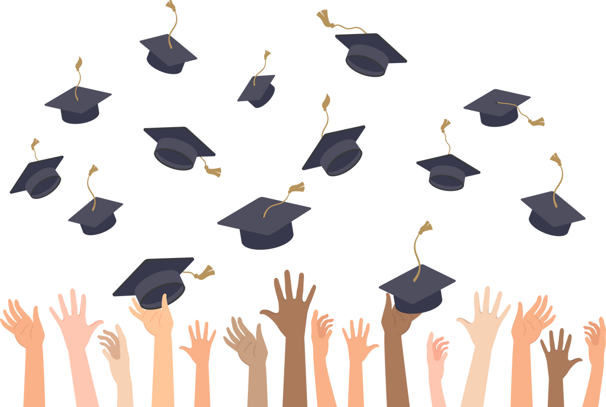 Multiracial people's hands throwing graduation hats in the air. Graduating students. Celebrate End of the School, College or University